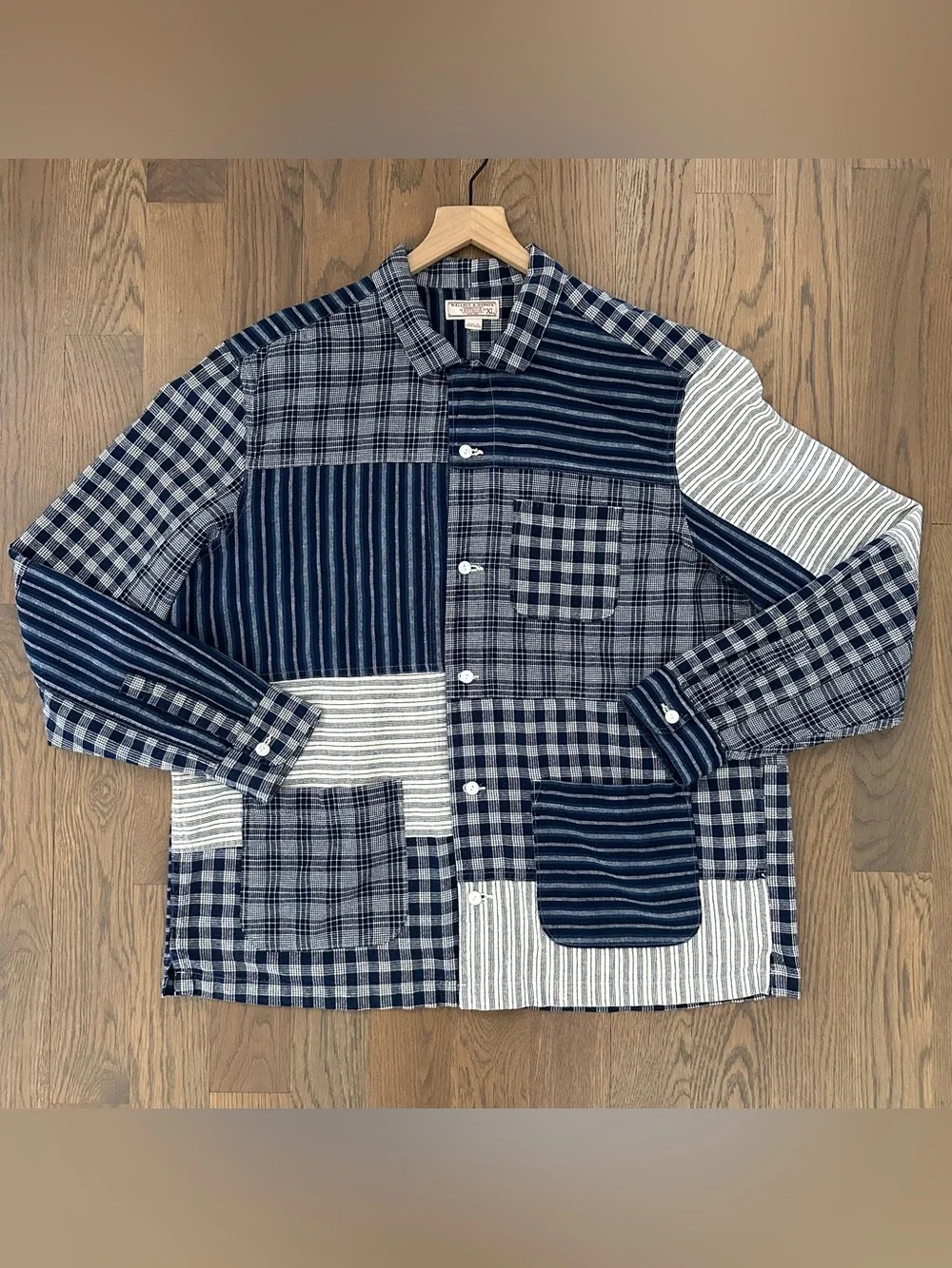 Wallace & Barnes Plaid Striped Patchwork Cotton Chore Coat Indigo Blue, White XL